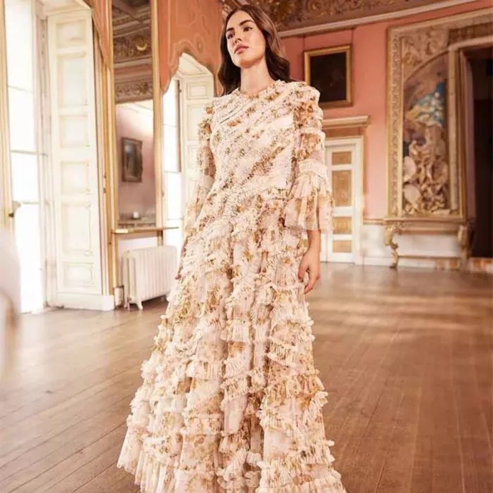 NEDDLE & THREAD Elegant Cream Ruffle Dress